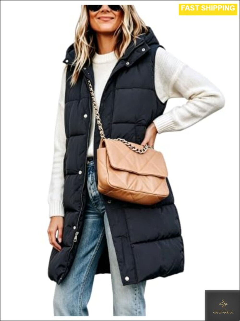 Quilted Long Puffer Vest with Removable Hood Sleeveless Zip
